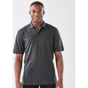 A grey men's polo shirt with a classic fit and short sleeves, featuring a collar and a logo.