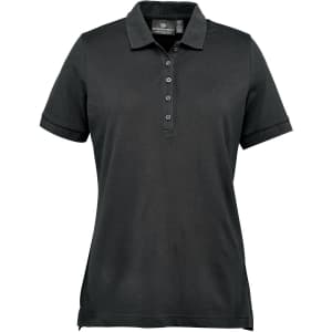 A women's polo shirt in dark grey, featuring a button placket and a branded logo. Short sleeves and a classic fit.