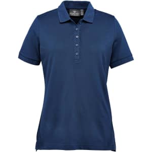 A navy blue women's polo shirt featuring a collar, buttons, and short sleeves, with a logo on the chest.