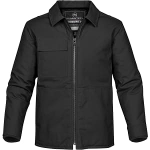 A black men's flatiron work jacket featuring a front zipper and chest pocket, designed for workwear.