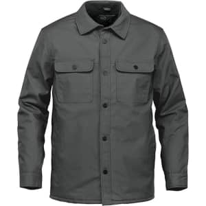 A grey men's jacket with two chest pockets and a button-up front, featuring a logo on the chest.