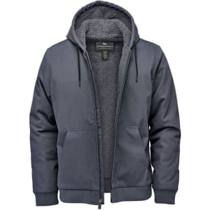 A grey hooded jumper with a soft interior and front pockets, featuring a logo.