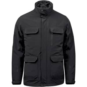 A black jacket with multiple pockets, a high collar, and a logo, designed for outdoor use.