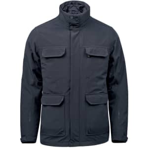 Men's Athabasca System Shell jacket in dark navy, featuring multiple pockets and a high collar. Includes a branding logo.