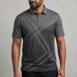 Men's Reflex Polo in grey with a geometric pattern and a logo. Short sleeves and a classic collar design.