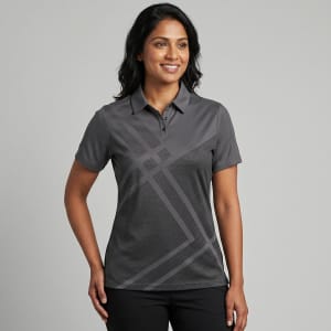 A women's polo shirt in grey with a geometric pattern and a collar. It features a logo on the chest area.