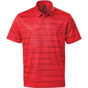 A red striped polo shirt with a collar and a logo on the chest.