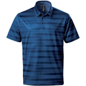 A blue striped polo shirt featuring a collar and short sleeves, with a logo on the chest.