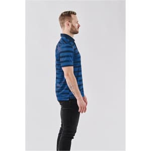 A side view of a navy blue and striped men's polo shirt, featuring a collar and a logo on the chest.