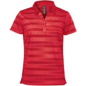 A red women's polo shirt with horizontal stripes and a collared neckline, featuring a logo on the label.