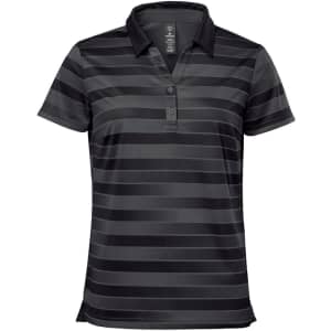 A women's polo shirt in black with grey stripes, featuring a collar and buttons. It includes a logo on the chest.