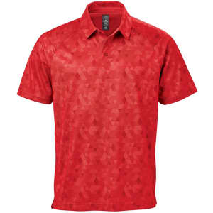 A red men's polo shirt featuring a textured geometric pattern and a collar. Includes a logo on the chest.