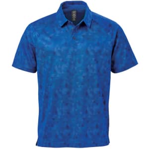 A blue geometric patterned polo shirt featuring a collar and short sleeves, with a branding logo.