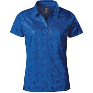 A blue women's polo shirt with a geometric pattern and a collar, featuring a logo on the front.