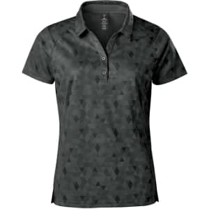 A women's polo shirt in dark green featuring a geometric pattern and a collar, with a logo on it.