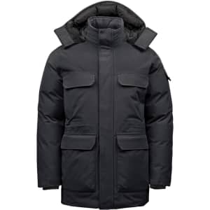 A black Men's Denali Parka with multiple pockets and a hood, featuring a logo on one sleeve.
