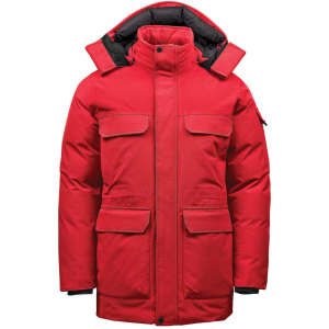 A red men's parka jacket with a hood, featuring multiple front pockets and a sleek design.