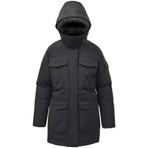 A black women's parka jacket with a hood, featuring multiple front pockets and a sleek design.