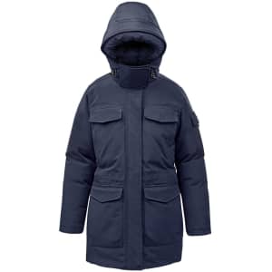 A navy Women's Denali Parka with a hood, featuring multiple front pockets and a zip closure. The jacket has a logo.
