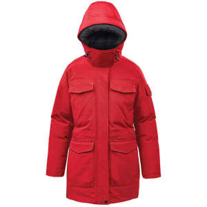 A red women's puffer jacket with a hood and multiple pockets, featuring a logo on the sleeve.