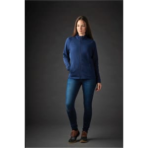 A navy blue women's jacket with a zip front, featuring a fitted design and two side pockets.