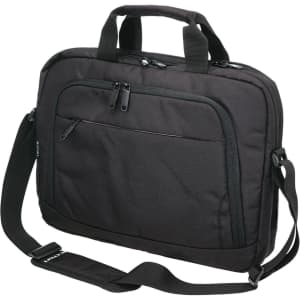 A black business satchel with dual handles, a detachable shoulder strap, and zippered pockets. It features a logo.