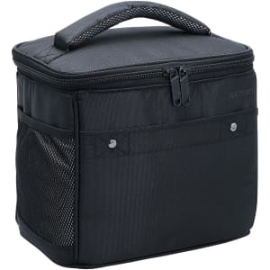 A black cooler bag with a zippered top and a fabric handle, featuring a mesh side pocket and branding.