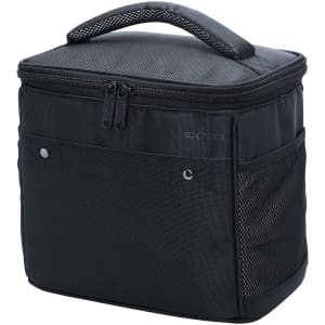 A black cooler bag with a zippered top, carrying handle, and external pockets, featuring a logo.