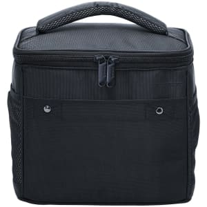A black cooler bag featuring a zippered top, carry handle, and mesh side pockets, with a logo on the front.