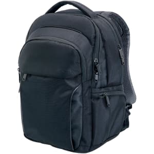 A black Exton laptop backpack with multiple compartments and a mesh side pocket. It features a logo on the front.