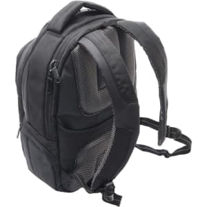 A black Exton laptop backpack features multiple compartments and mesh detailing on the straps for ventilation.