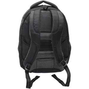 A black laptop backpack featuring padded straps and mesh panels for comfort, with a logo present.