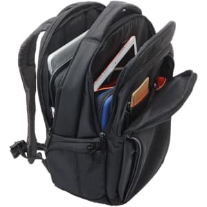 A black laptop backpack featuring multiple compartments and pockets for electronic devices and accessories.