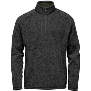A men's 1/4 zip pullover in a dark grey marled texture, featuring a zippered pocket and a collar.