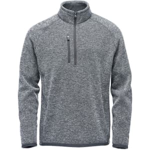 A grey men's pullover jumper with a 1/4 zip and a small pocket, featuring a logo on the chest.