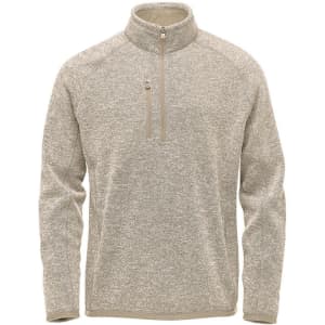 Men's 1/4 zip pullover in a light beige colour with a subtle texture and a zip pocket. Features a logo.