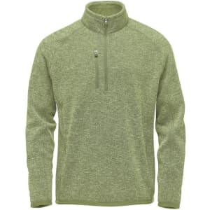 A green men's quarter zip pullover with a textured finish and a front zip pocket. Features a logo on the chest.