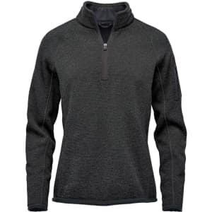 A dark grey women's 1/4 zip pullover jumper with a high collar and a side logo.