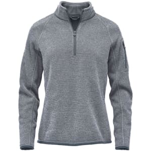 A grey women's 1/4 zip pullover jumper featuring a zip collar and a side pocket with a logo.