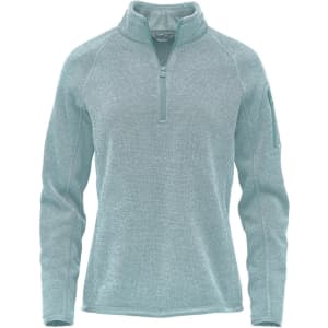 A teal women's 1/4 zip pullover jumper with long sleeves and a side pocket, featuring a branding logo.