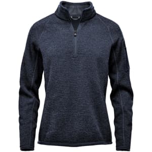 A women's 1/4 zip pullover in dark grey with a side logo detail. Suitable for casual wear.
