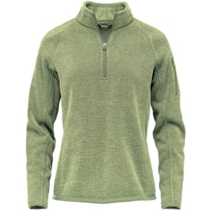 A green women's pullover featuring a quarter zip and long sleeves, with a side pocket and a logo.
