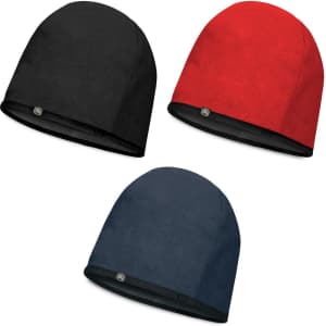Three Helix Fleece Toques in black, red, and navy blue, featuring a logo on each beanie.