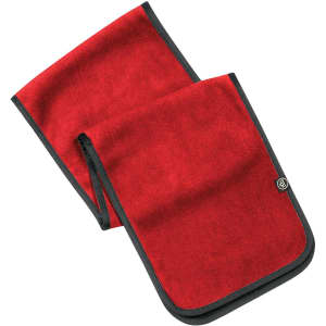 A red fleece scarf with a black trim and a branding logo on it.