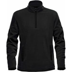 A black men's fleece jumper featuring a 1/4 zip design and side pockets, with a logo on it.