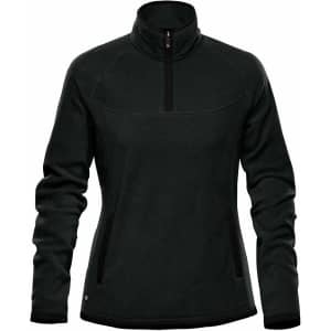 A women's polar fleece jumper in dark green with a 1/4 zip and side pockets, featuring a logo.