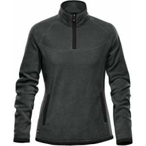 A women's dark green fleece jumper featuring a 1/4 zip and side pockets, with a logo on the front.