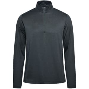 A men's pullover in dark grey featuring a 1/4 zip and long sleeves, with a logo present.