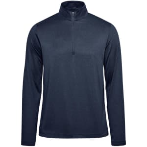 A dark navy men's pullover featuring a 1/4 zip, long sleeves, and a logo on the front.