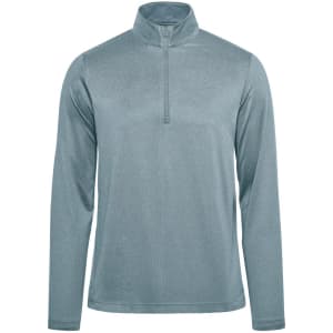 A light blue men's pullover with a quarter zip and long sleeves, featuring a logo on the upper side.